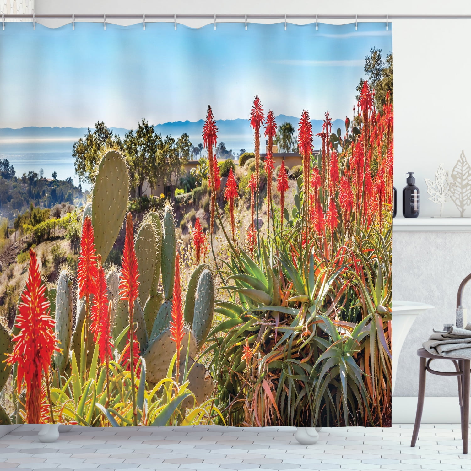 Cactus Shower Curtain, Photo Landscape of a Desert Mountains with Sea