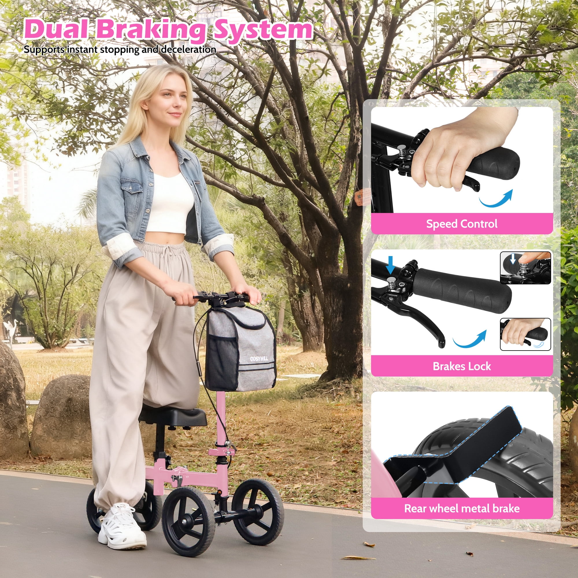 COSYWILL Steerable Knee Scooter,Knee Walker Scooter for Adults with 10" Front Wheels,Foldable Knee Scooter for Foot Surgery Crutches Alternative,Pink