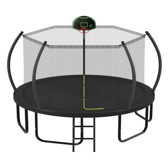 12FT 14FT 16FT Trampoline for Kids Adults with Basketball Hoop, Enclosure Net, 1500LBS Heavy Duty Outdoor Trampoline with Ladder, Recreational Round Trampoline, Pumpkin Outdoor Backyard Trampoline