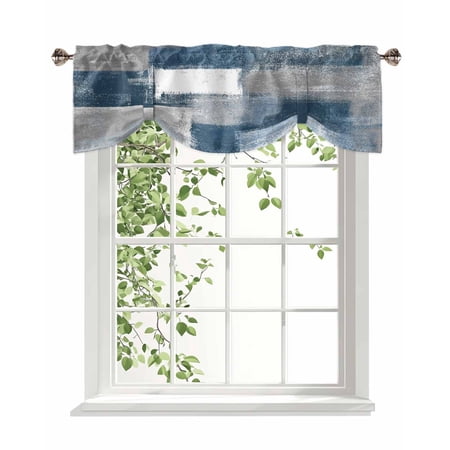 Abstract Art Tie Up Valances Curtain Navy Grey Smear Texture Graffiti Geometric Adjustable Rod Pocket Window Treatment Short Tie Up Curtains Valances for Kitchen Living Room Bathroom 60x18 Inches