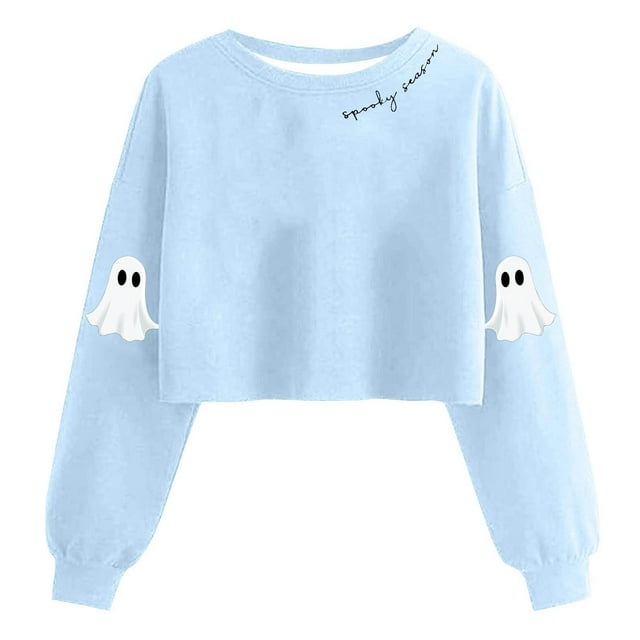 Lcziwo Chandail Court d'Halloween pour Femmes, Hauts Graphiques de Fantôme Mignon, Chandail à Manches Longues Lanterne à Col Rond, Saison Effrayante, Mode d'Automne, Chandail Léger Bleu Pâle, TG