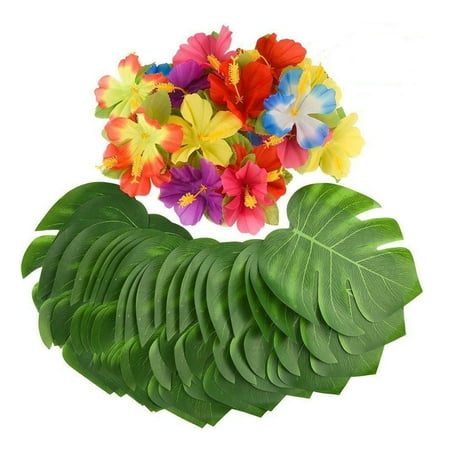 

FRCOLOR 32Pcs Stimulation Hibiscus + 32Pcs Artificial Tropical Leaves Green Monstera Leaves for Home Kitchen Party Decorations (Random Color)