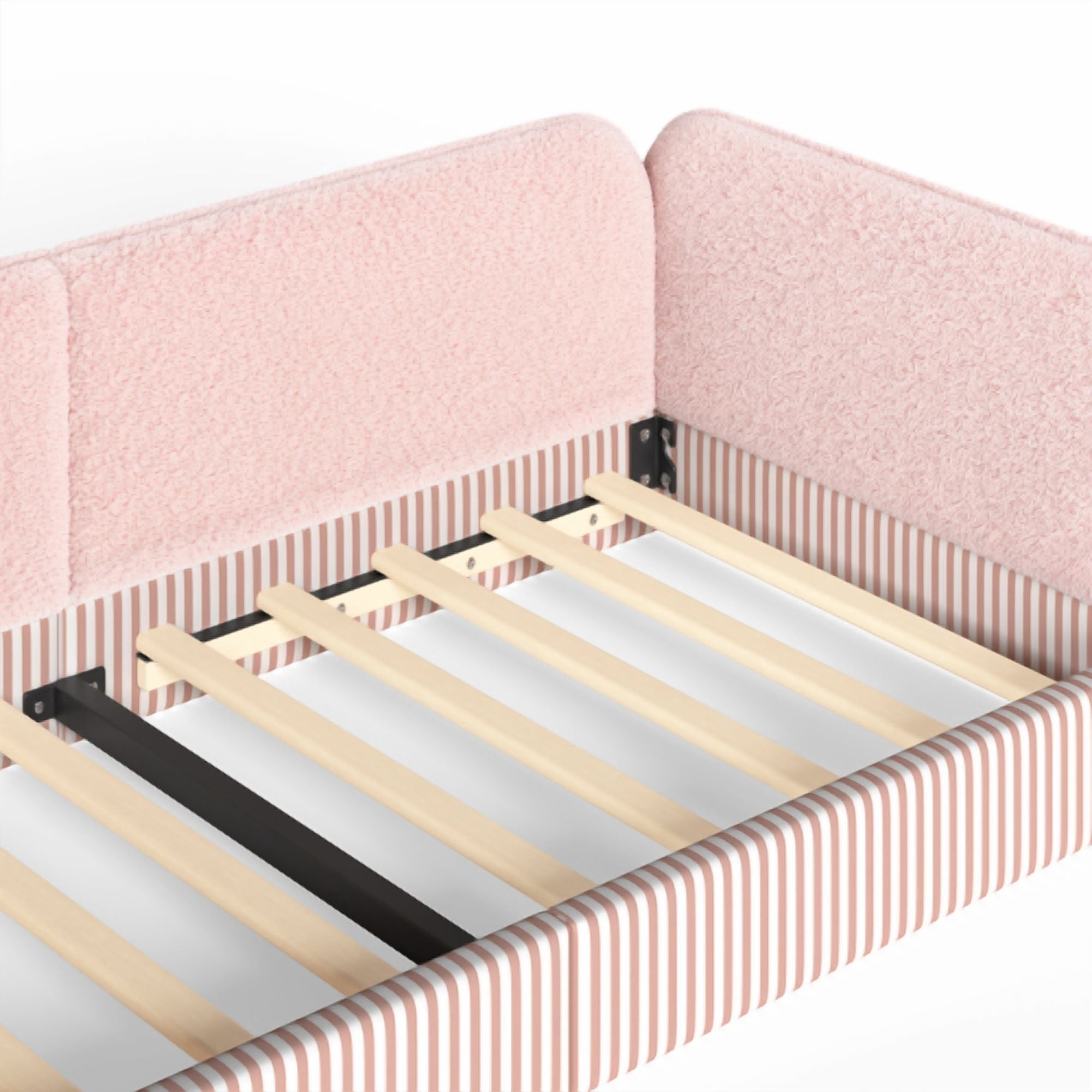 Twin Size Upholstered Teddy Fleece Floor Bed Frame, Half-Enclosed Montessori Low Profile Platform Bed with Full-Perimeter Guardrails for Kids, Pink