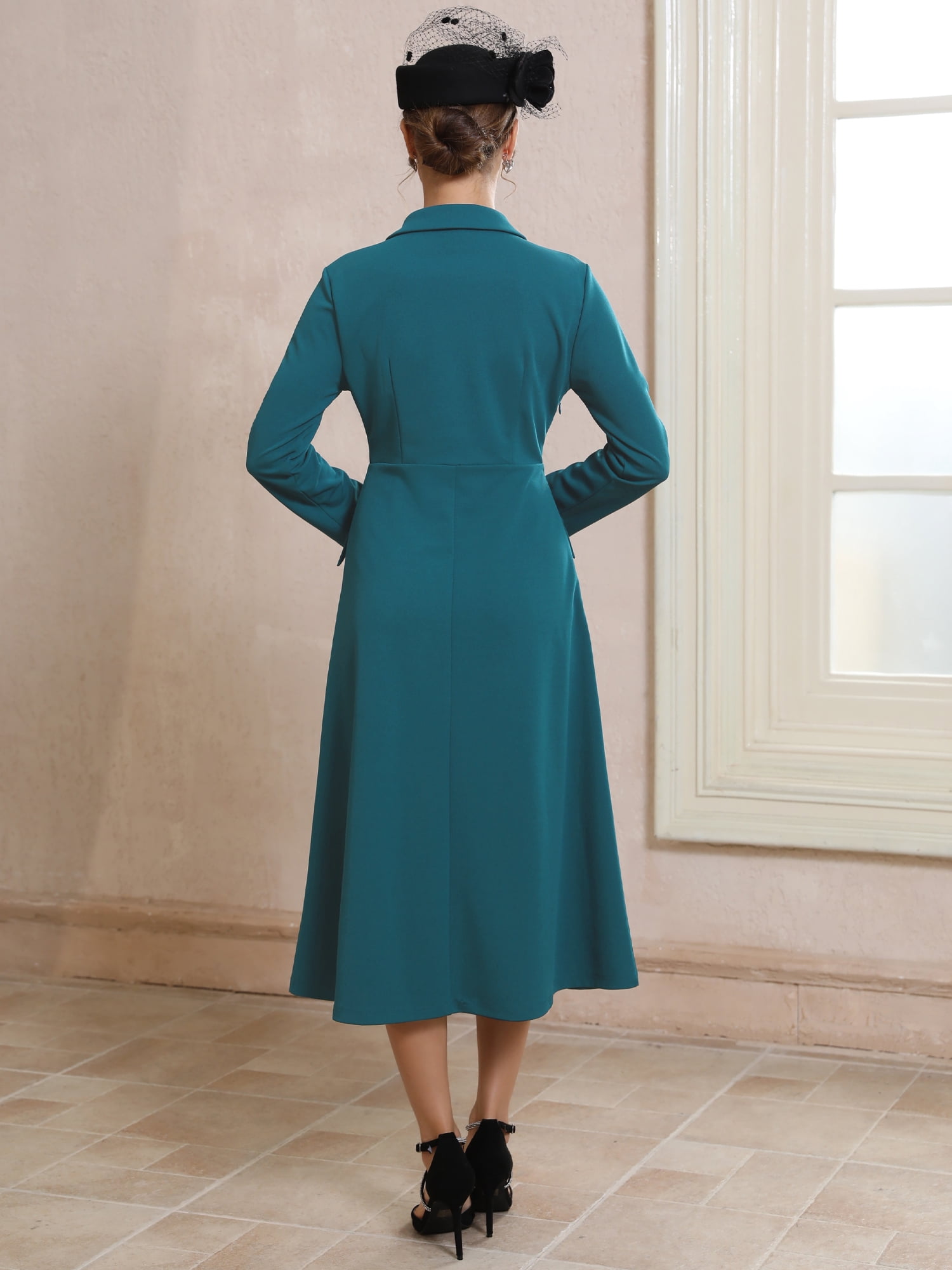 DARING DIVA Women's Collared V Neck Long Sleeve Blazer Dresses with Brooch S Blue Green