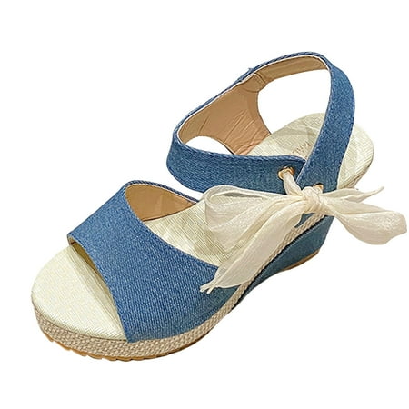

Orthopedic for Womens Ladies Walking Slippers Breathable Sandal 2023 Summer Beach Ladies Casual Fish Mouth High Heel Lacing Bowknot Thick Bottom Large Size Slope Heel