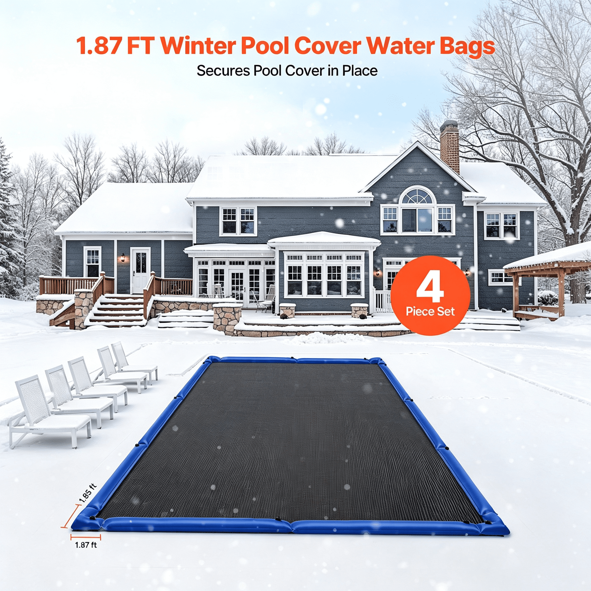 Pool Cover Water Bags 4-Pack, Corner Design 2x1.85 ft, Thickened 0.4mm PVC with Welded Edges, Twist-Seal Leakproof Cap, Single-Chamber for Winter Pool Cover Anchoring