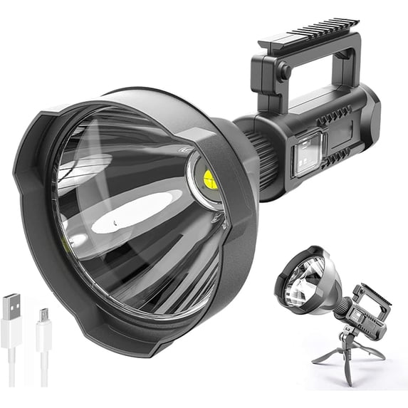 LINLIN LED Handheld Flashlight Rechargeable LED Spotlight Super Bright Work Light with 4 Modes IPX6 Waterproof Searchlight with Tripod and USB Output for Fishing,Hunting,Camping