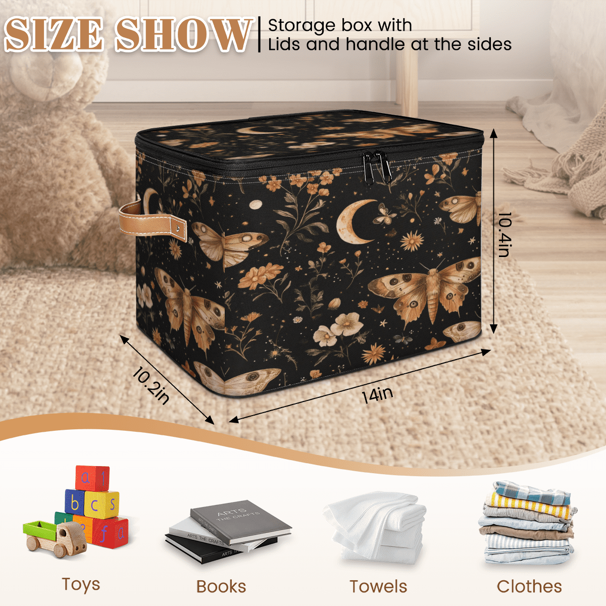 ADECORIVY Butterfly Storage Bin with Lid Fabric Moth Floral Moon Foldable Storage Baskets Boxes for Clothes Shelves Closet Organizer Containers with Leather Handles for Wardrobe