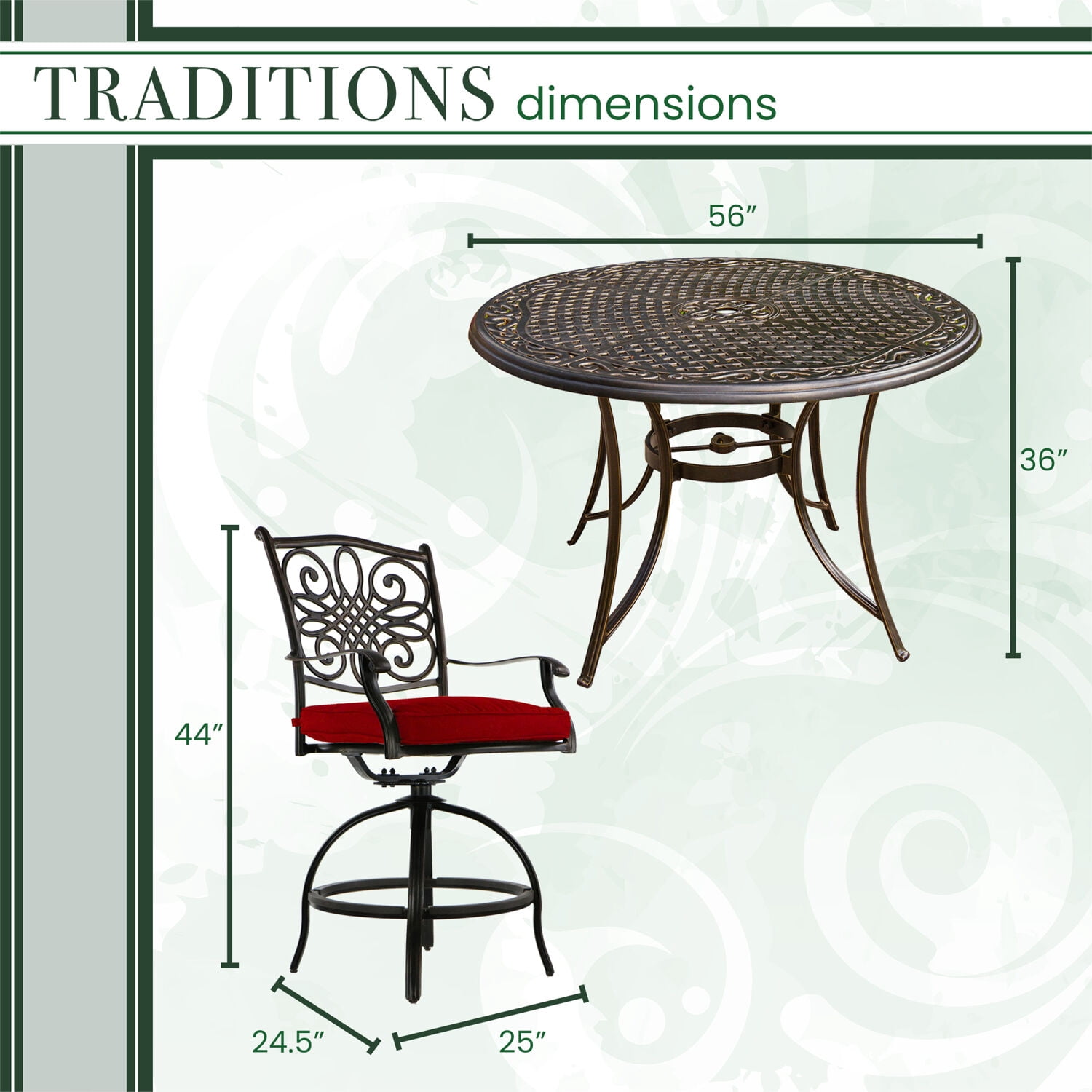 Hanover Traditions 5-Piece High-Dining Set in Red with Four Swivel Chairs and a 60 In. Cast-top Table