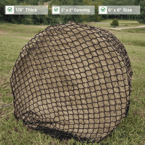 Resistance Heavy-Duty Slow Feed Hay Net, 6' x 6', 2"" Openings, Durable Round Bale Feeder, 1/8"" Thick for Horses