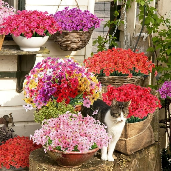24 Bundles Artificial Flowers for Outdoors, Fake Silk Violet Flowers Faux Plants UV Resistant for Hanging Planters Window Box Front Porch Indoor Outside Decorations (6 Colors Assorted)