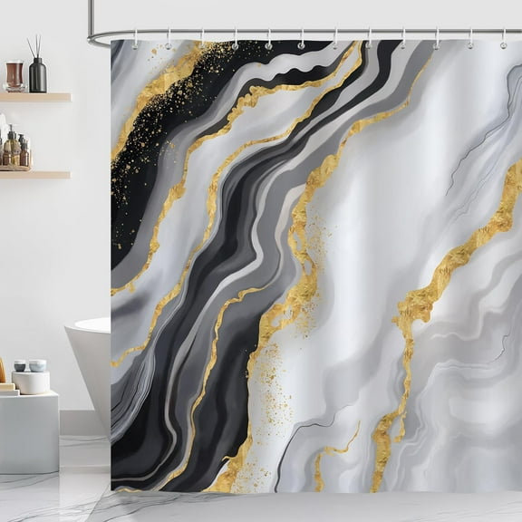 Black Marble Shower Curtain, Black Grey Gold Abstract Modern Shower Curtain Waterproof Polyester for Bathroom with Hooks 72"W x 78"L (Pack of 1)