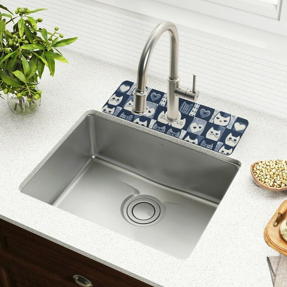 Yayeee Faucet Mat for Kitchen Sink 14.7" Diatomite Long Splash Guard Pad, Blue Cats and Hearts