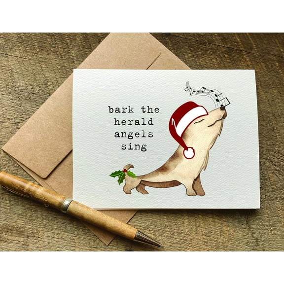 Christmas Card featuring Adorable Dog in Santa Hat – "Bark the Herald Angels Sing" – Blank Inside, Envelope Included – Perfect Holiday Greeting Card for Dog Lovers