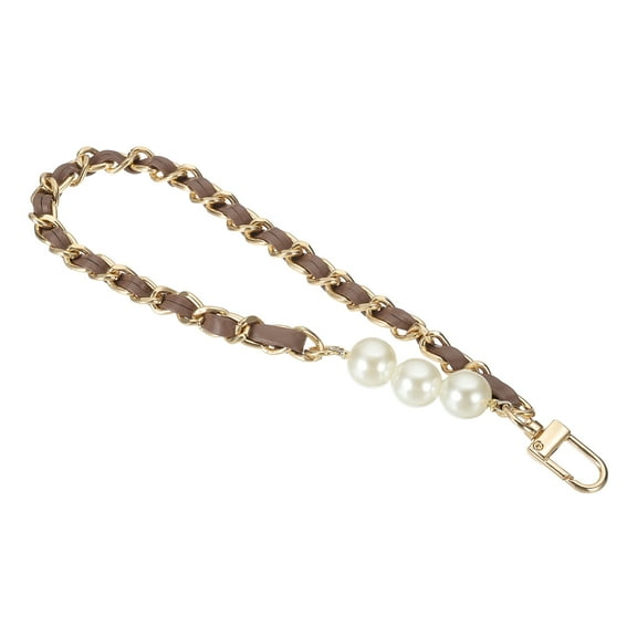 Chain Wristlet Strap, 8" Pearl Leather Chain Wrist Lanyard Hand Strap Replacement with Metal Buckles for DIY Keychain Purse Wallet Clutch Bags Handbag Phone Case, Gold-Brown