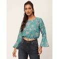 thumbnail image 4 of Moomaya Printed Blouson Top, Long Bell Sleeves Round Neck, Casual Crop Tops, 4 of 9