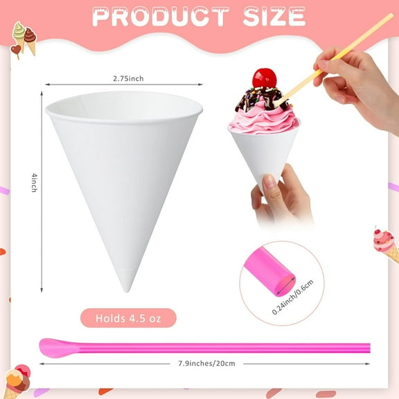White Paper Cone Cups, Snow Cone Cups,Leakproof Paper Cups 100 Pcs Snow Cone Cups and Straws