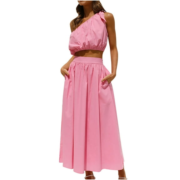 Women Sexy 2 Piece Outfits Dress One Shoulder Sleeveless Crop Top with Loose Pockets Pleated Skirt Dresses Set