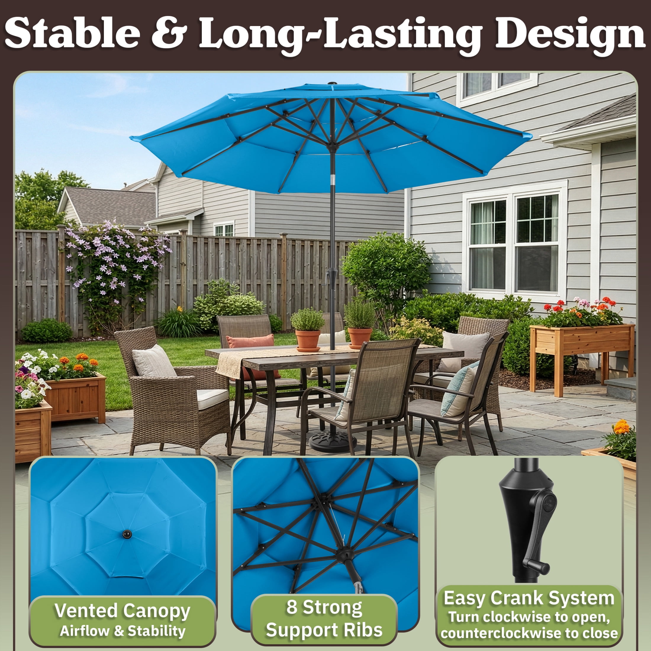 Pure Garden 10ft 3-Tier Umbrella for Patio Shade Canopy with 19lb Base, Blue