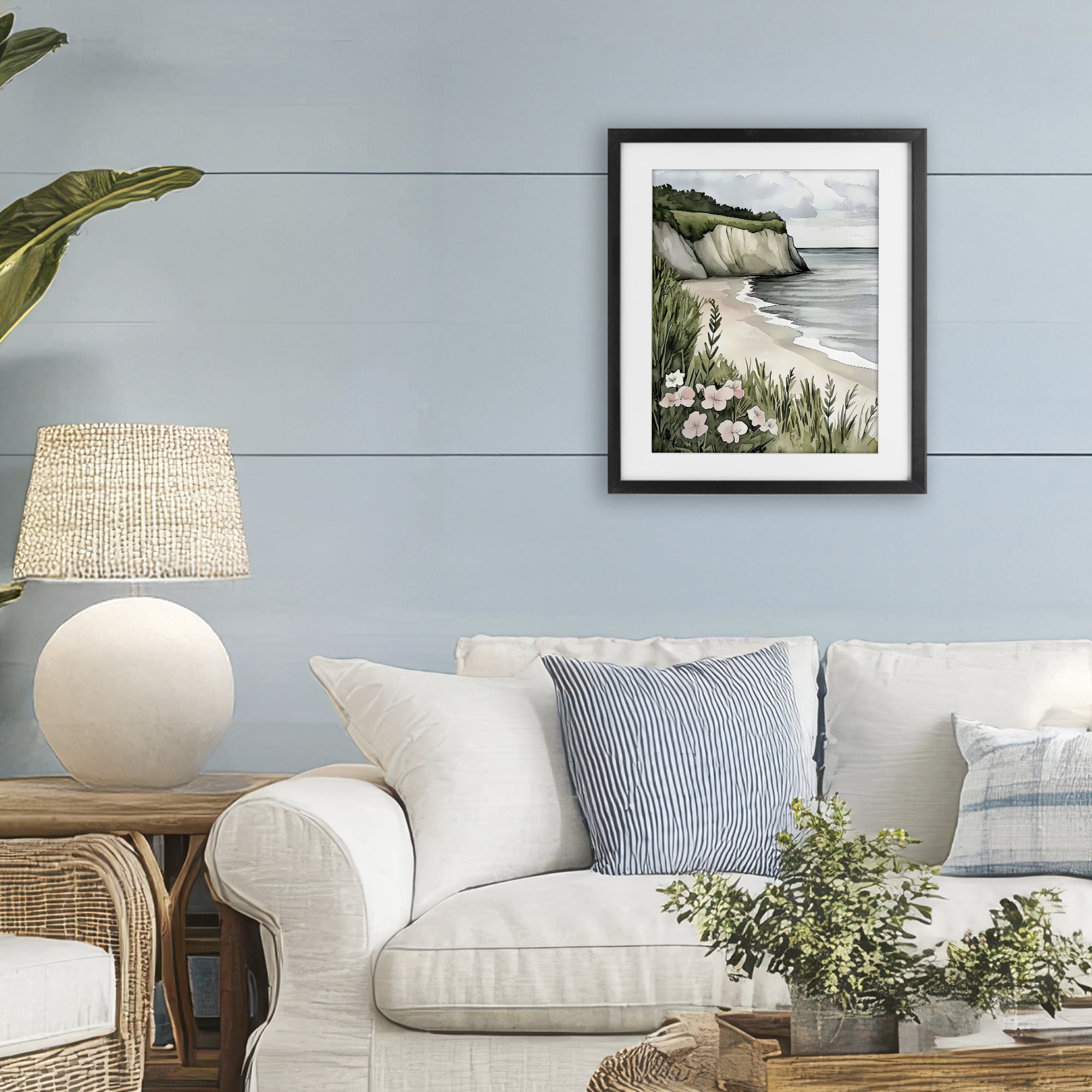 Stupell Industries Coastal Calm with Floral Blooms Black Framed Print Under Glass, design by Riley B