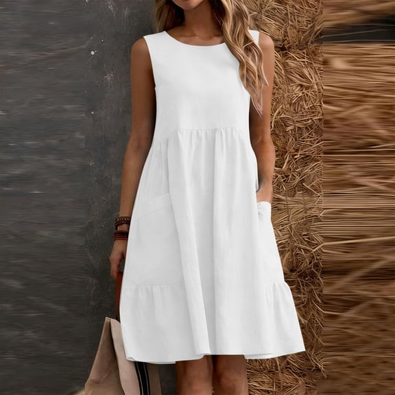 ClodeEU Women's Linen Blend Crinkle Sleeveless Crewneck Dress with Pockets ,Solid Color Casual Midi Dress White,Womens Plus M