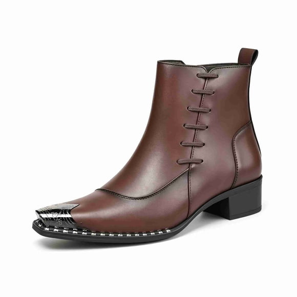 Men’s Retro Lace-Up Detail Ankle Boots, Pointed Toe Metal Toe Cap Block Heel Fashion Boots, Side Zipper Vintage Style Short Boots Dress Boots for Men