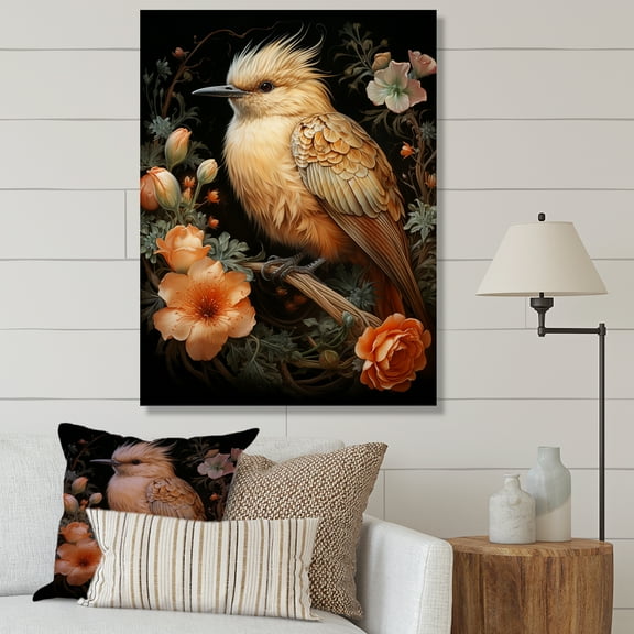 Designart "Springtime Bird Blooms with Hummingbird" Animals Canvas Wall Art - Traditional Beige Bird Entryway Wall Art Print