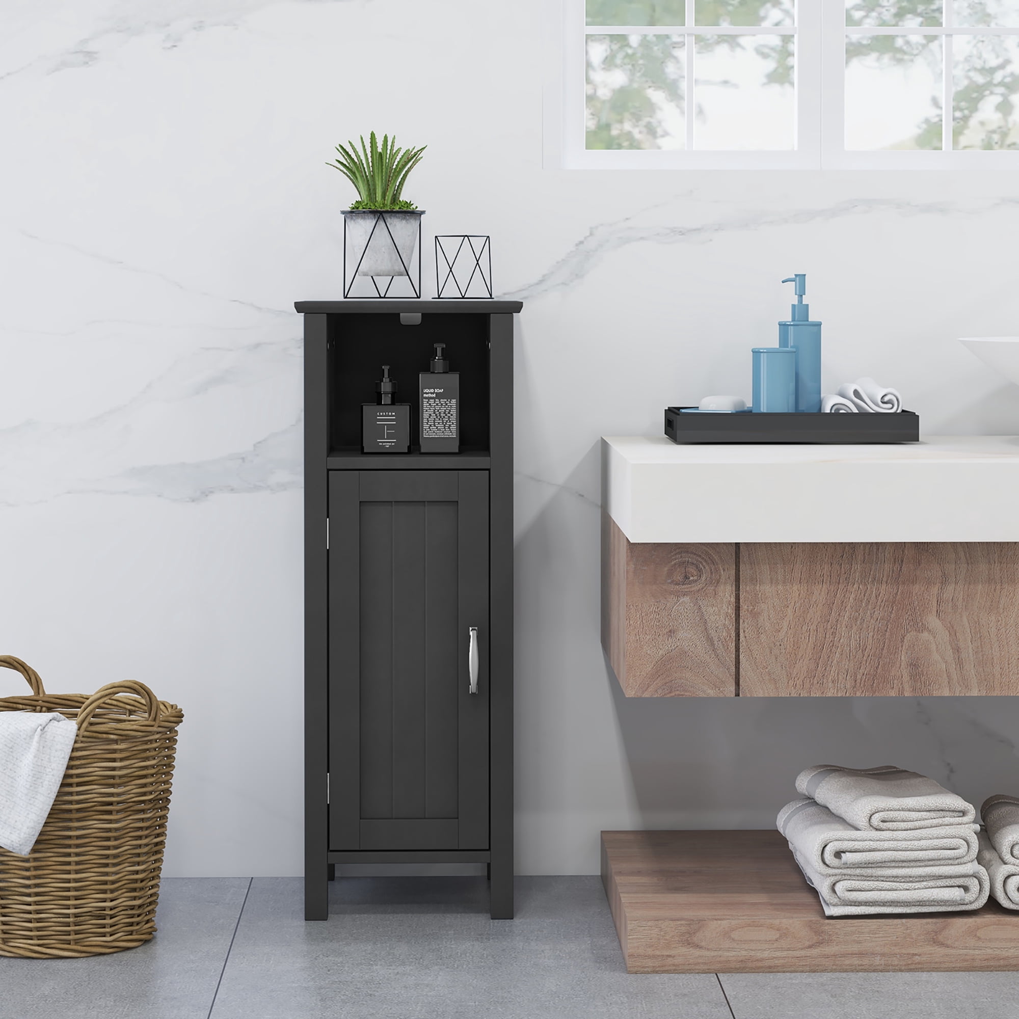Gymax Bathroom Storage Organizer Narrow Floor Cabinet w/ 2-Tier Cabinet Open Compartment Black