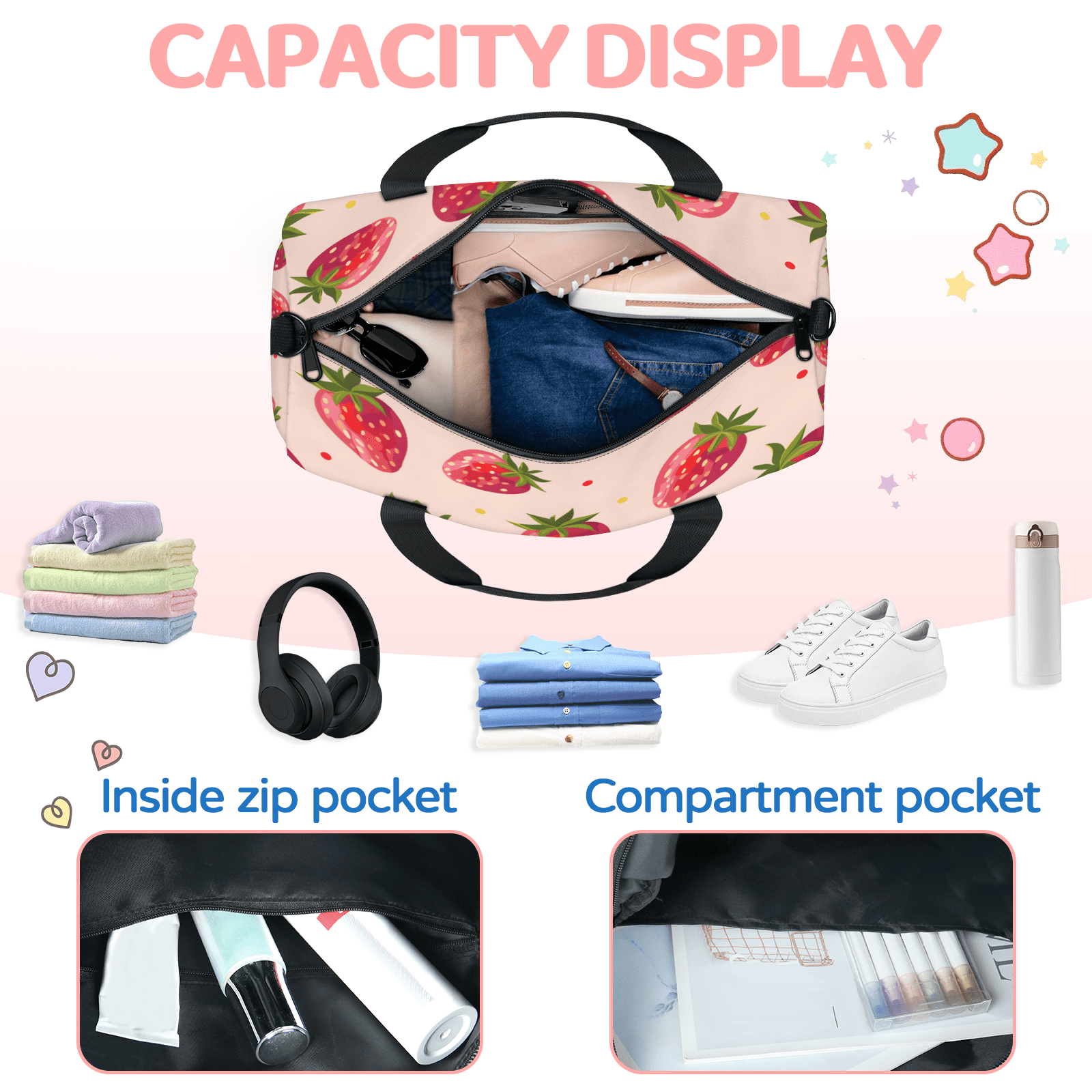 Herdesigns Strawberry Travel Duffle Bag Sports Yoga Weekender Overnight Carry on Workout Bags Lightweight Waterproof Gym Tote Bag for Women Strawberries