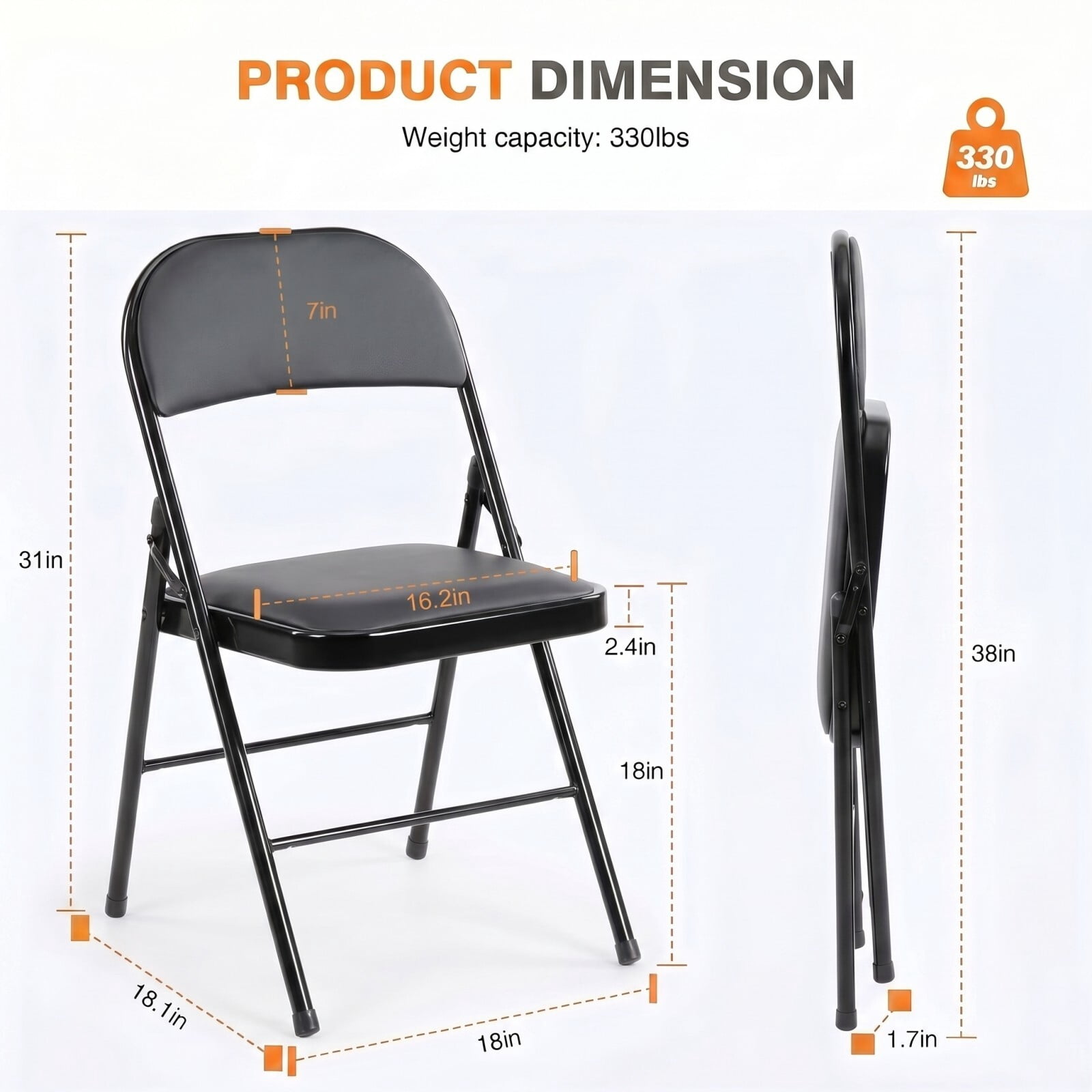 Kelno Folding Chair Set of 4 PU Leather Padded Guest Chairs with Lightweight Sturdy Metal Frame, Black