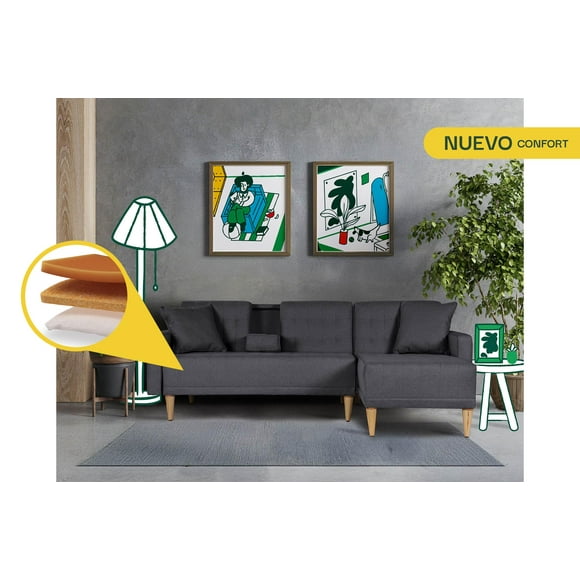 Sala Modular Reversible Makora Kendall Con Memory Foam, Color Gris Oxford, Lino Respaldo Reclinable De 3 posiciones.