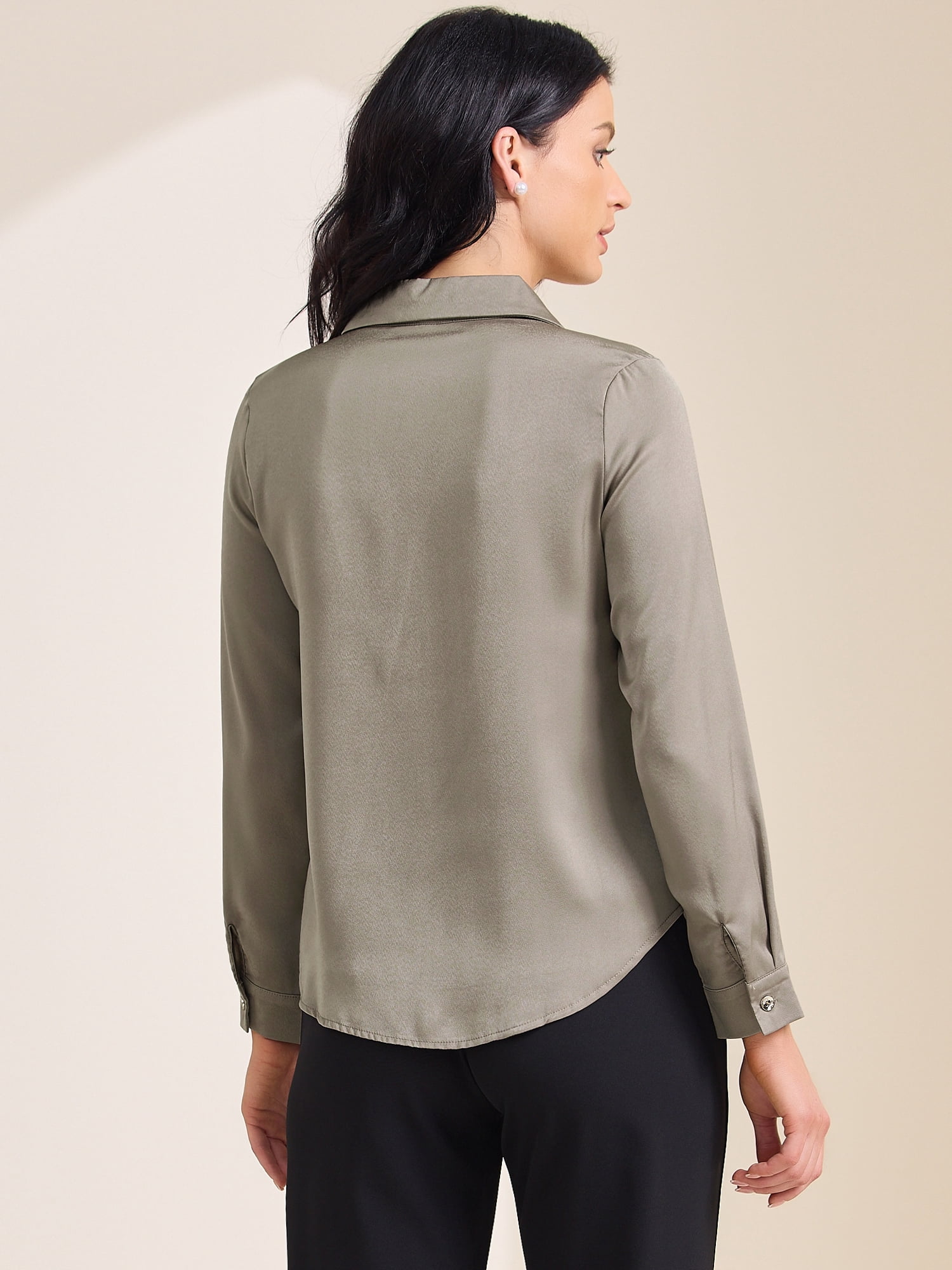 DARING DIVA Women's Satin Work Blouse Collar V Neck Long Sleeve Shirt S Dark Khaki