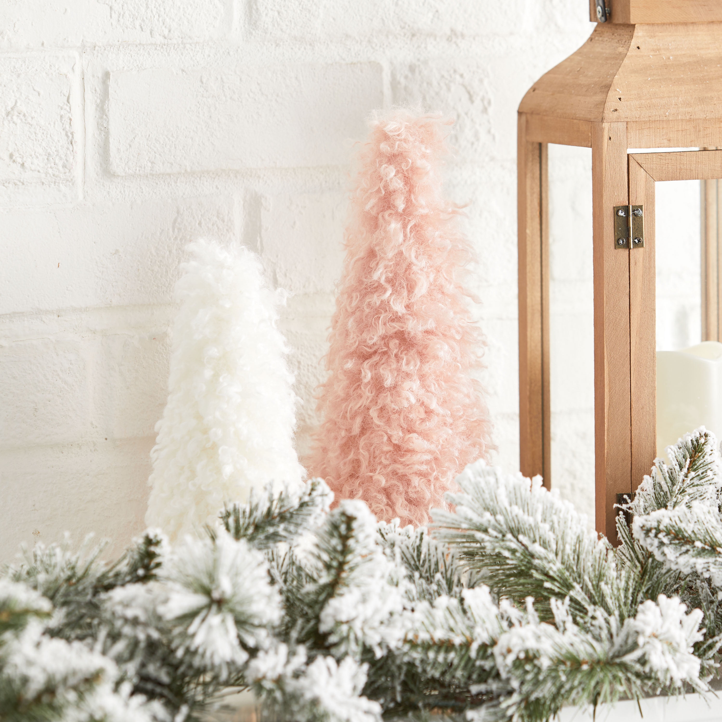 Holiday Time White and Pink Fur Fabric Tree Tabletop Decorations, 11