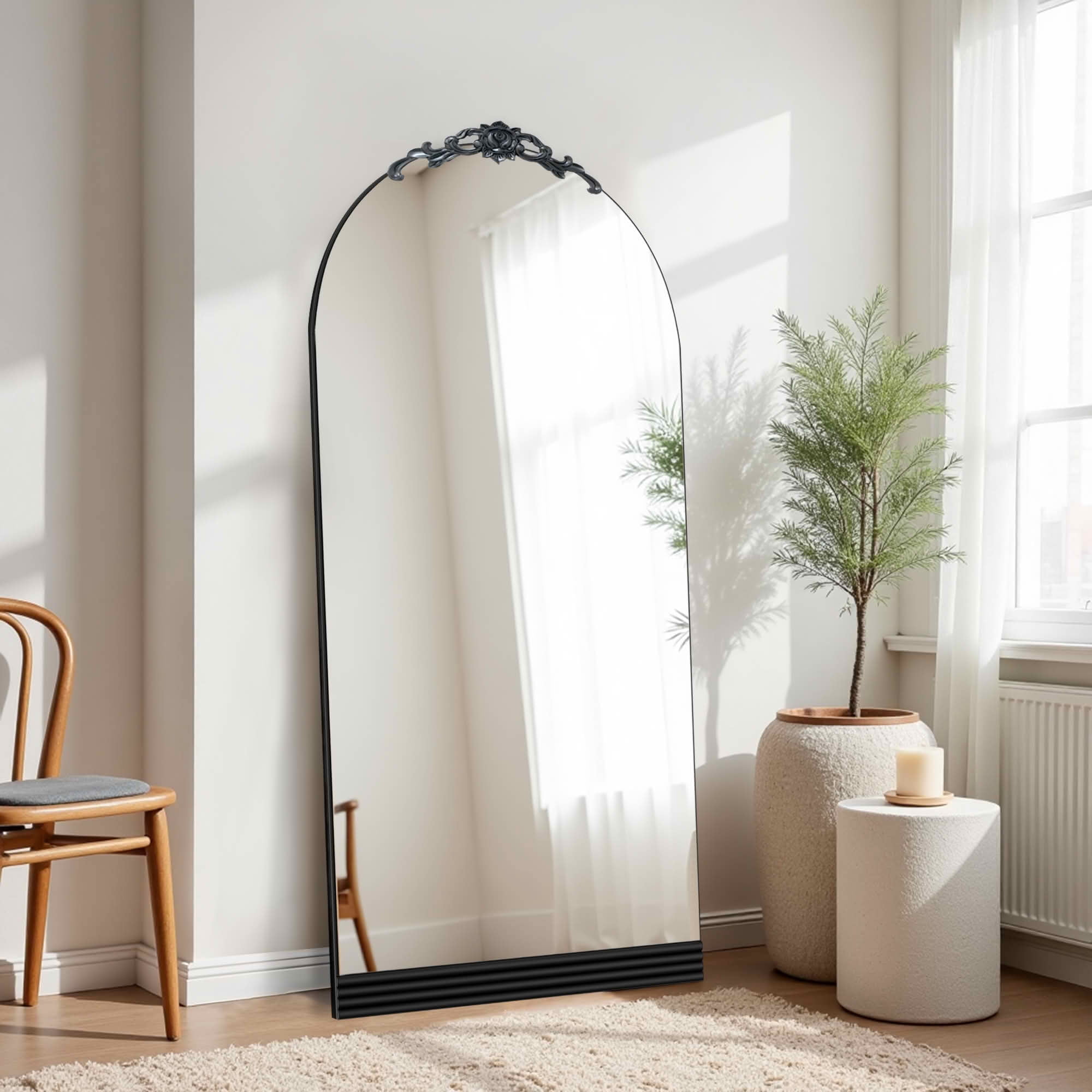 MAYEERTY 71x31x1 Inch Black Wood Bottom Stripe Right Angle Arched Full Length Mirror, No Stand for Bedroom