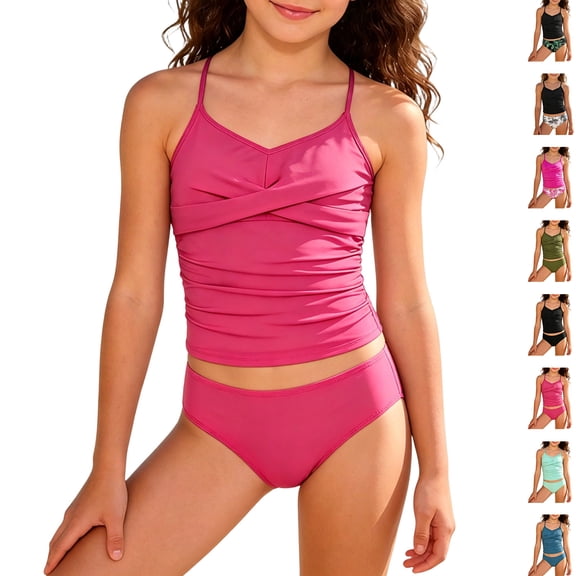 Bigetiay Girls 2 Piece Swimsuit Fashion Ruched Cross-Front Tankini Set Girls Bathing Suit 13-14 Years