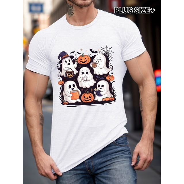 Halloween T-Shirt | 100% Cotton | Casual Crew Neck T-Shirt with Ghosts and Pumpkin | Regular Version, Slightly Stretchy, Summer Adult Top