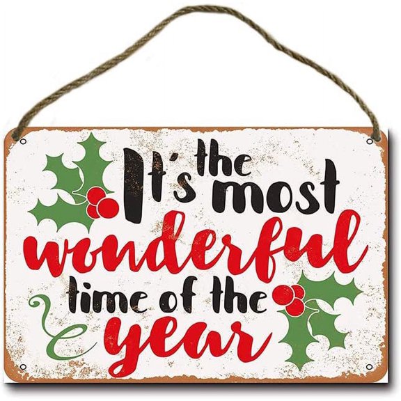 The Most Wonderful Time of The Year Holly Christmas Retro Hanging Wood Sign 8"x12"