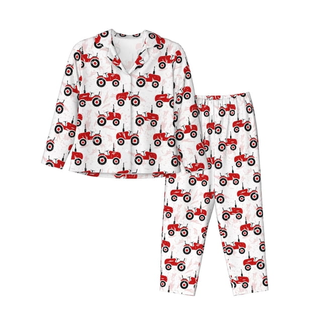 Saiise Ensemble de Pyjama à Manches Longues pour Femmes Motif Tracteurs à Roues Rouges, Chemise de Nuit à Boutons avec Poches, Ensemble de Détente pour la Maison - Grand