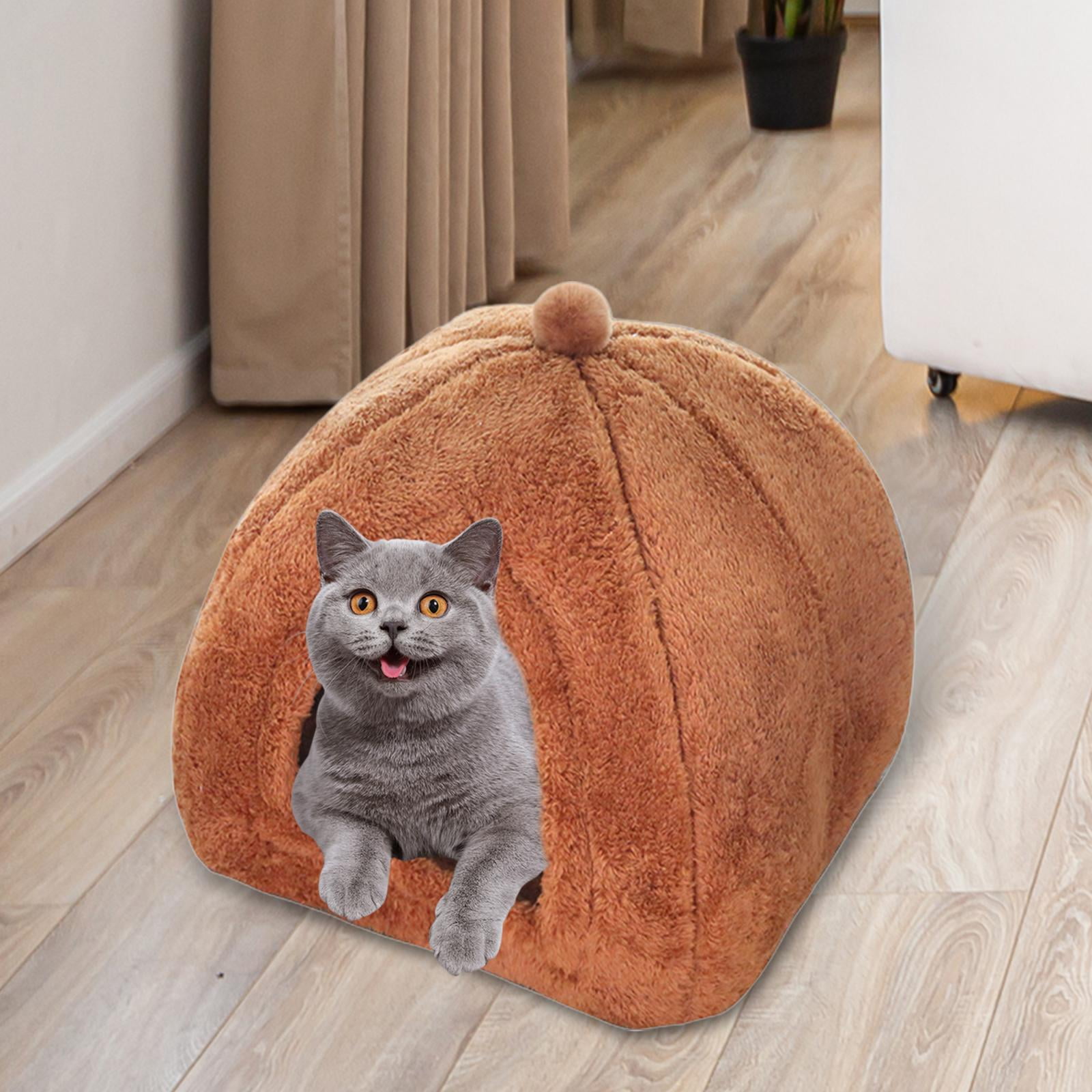 Cat Bed Comfortable Rest Calming Semi Enclosed with Nonslip Waterproof Bottom Kitten House Pet Bed for Indoor Cats Dogs Rabbits Kitten Puppy , Brown L
