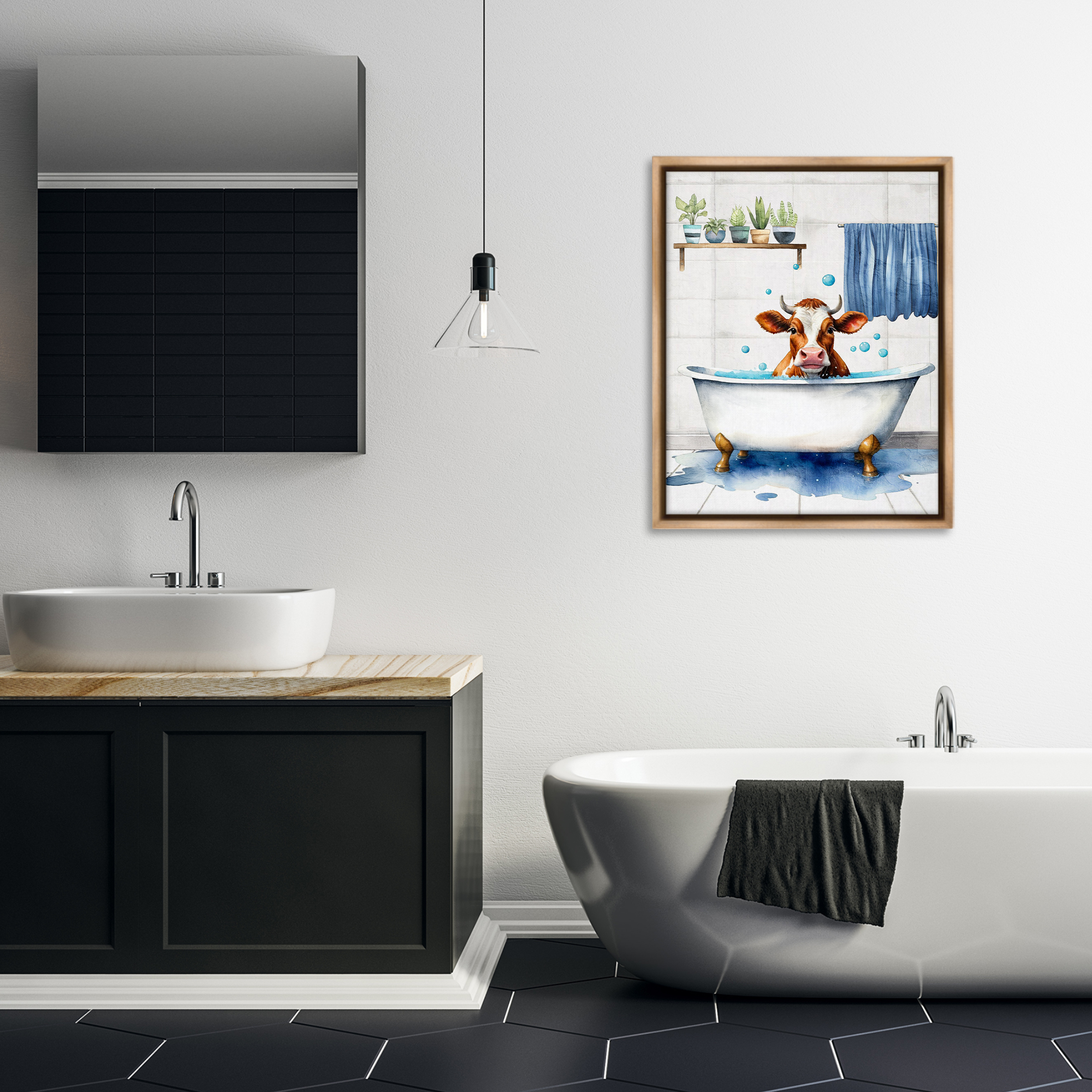 Stupell Industries Cattle Bathtime Suds Bath & Laundry Painting Brown Floater Framed Canvas Art Print Wall Art, 25 x 31