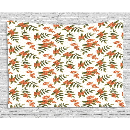 Rowan Tapestry Botanical Foliage Nature Pattern With Berries On Soft Pink Dots Wall Hanging For Bedroom Living Room Dorm Decor 80w X 60l Inches
