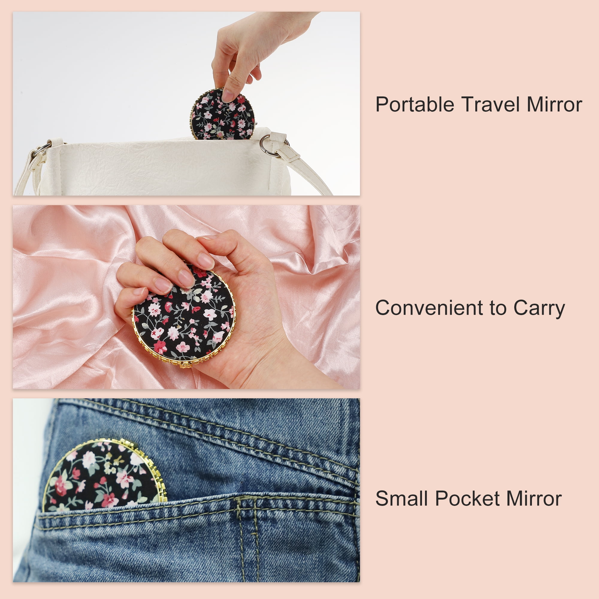 Unique Bargains Round Mini Floral Mirror for Women Purses Pocket Black