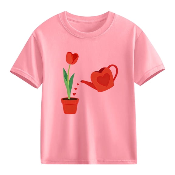 Girls T-Shirt Pink Cotton Short Sleeve - Cute Kids Valentine Top with Tulip & Heart Graphic | Ages 4-10,Size 3 T