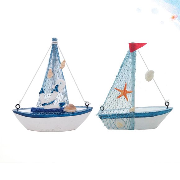 WHAMVOX Wooden Sailboat Decor Assorted Color Small Fresh Fun Cartoon Pattern for Home Car Office or Bedroom Table Decor 2pcs