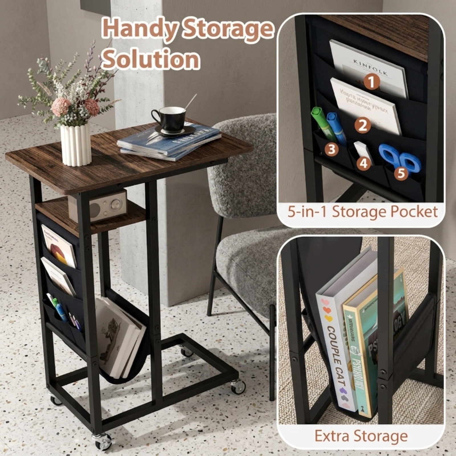 Furnibear C Shaped End Table with Charging Station and Retractable Tabletop for Sofa Couch Bedside and Small Living Room Narrow Spaces, Brown