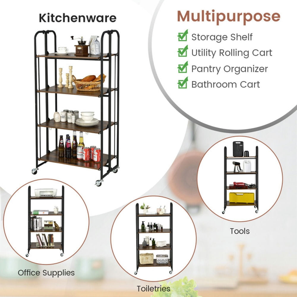 Finihen Rolling Cart, Kitchen Island Cart, Foldable Rolling Cart with Storage Shelves-4-Tier, for Kitchen, Dining Room, Rustic brown Finihen Rolling Cart, Kitchen Island Cart, Foldable Rolling Cart with Storage Shelves-4-Tier, for Kitchen, Dining Room, Rustic brown