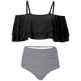 thumbnail image 2 of Women Bikini Set Two Piece Off Shoulder Ruffled Flounce Crop Bikini Top with High Waisted Black and White Stripes Printed Bottom, Fashionable and Creative Color Blending XL, 2 of 4