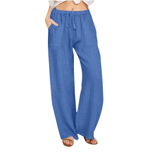 Diufon Wide Leg Pants for Women Cotton Linen Drawstring Waist Pant Summer Casual Loose Trousers with Pockets