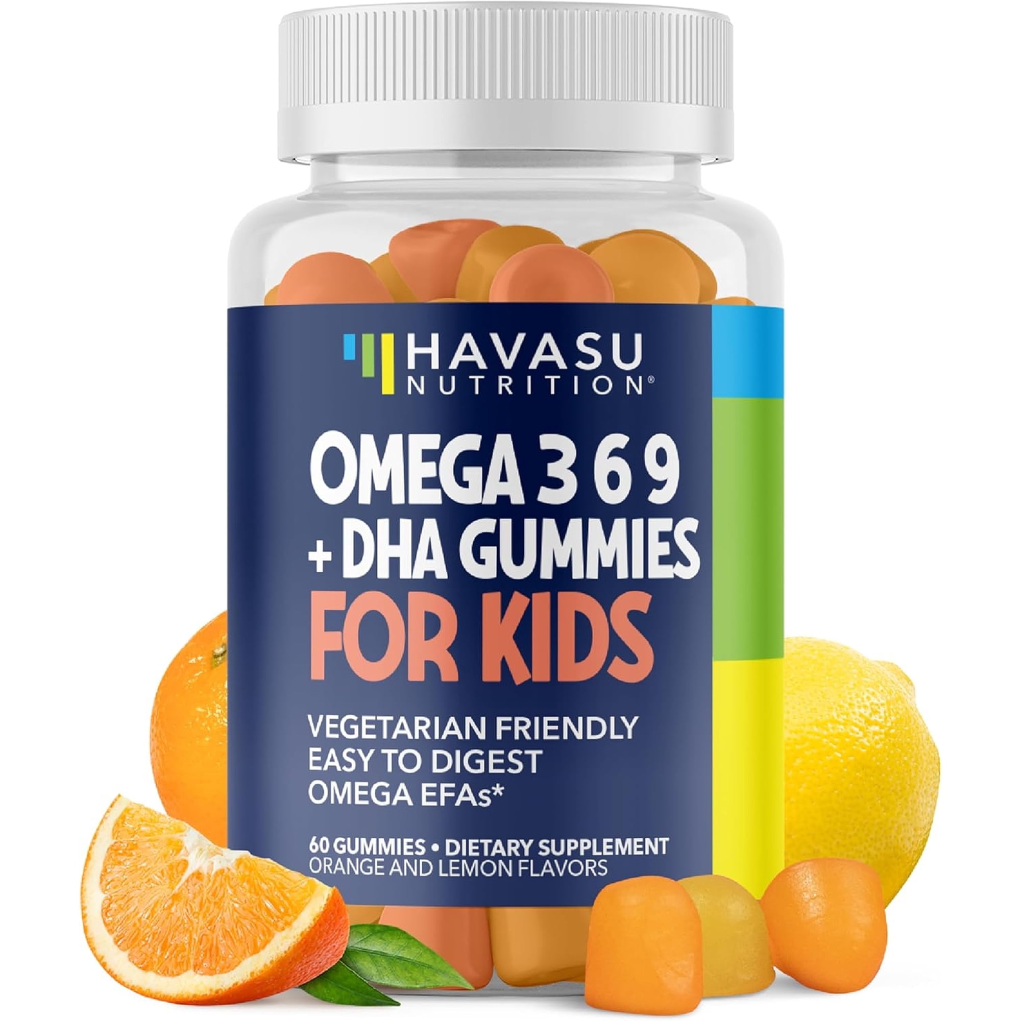 Havasu Nutrition Plant-Based Omega 3 6 9 Gummies for Kids with DHA, Orange & Lemon Flavor, 60 Count