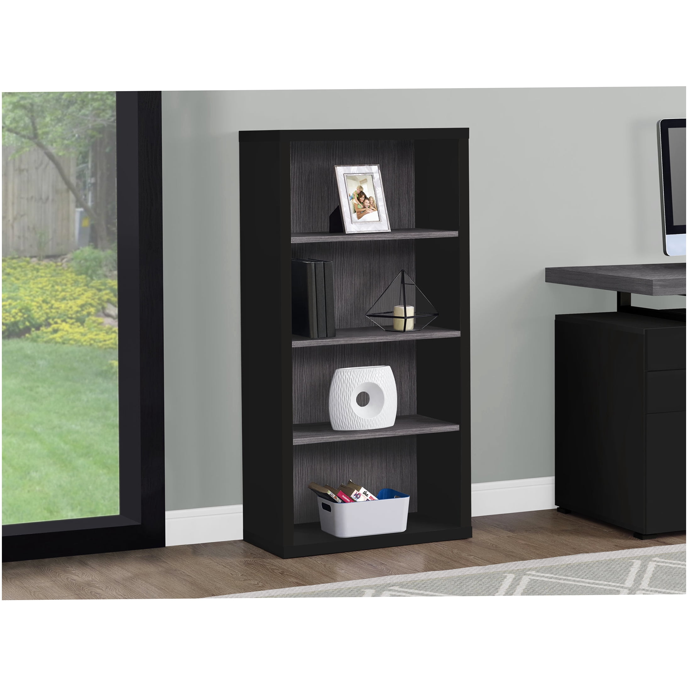 Modern 5-Tier Bookshelf with Adjustable Shelves, Black & Grey Laminate Bookcase for Living Room, Office, Bedroom Storage